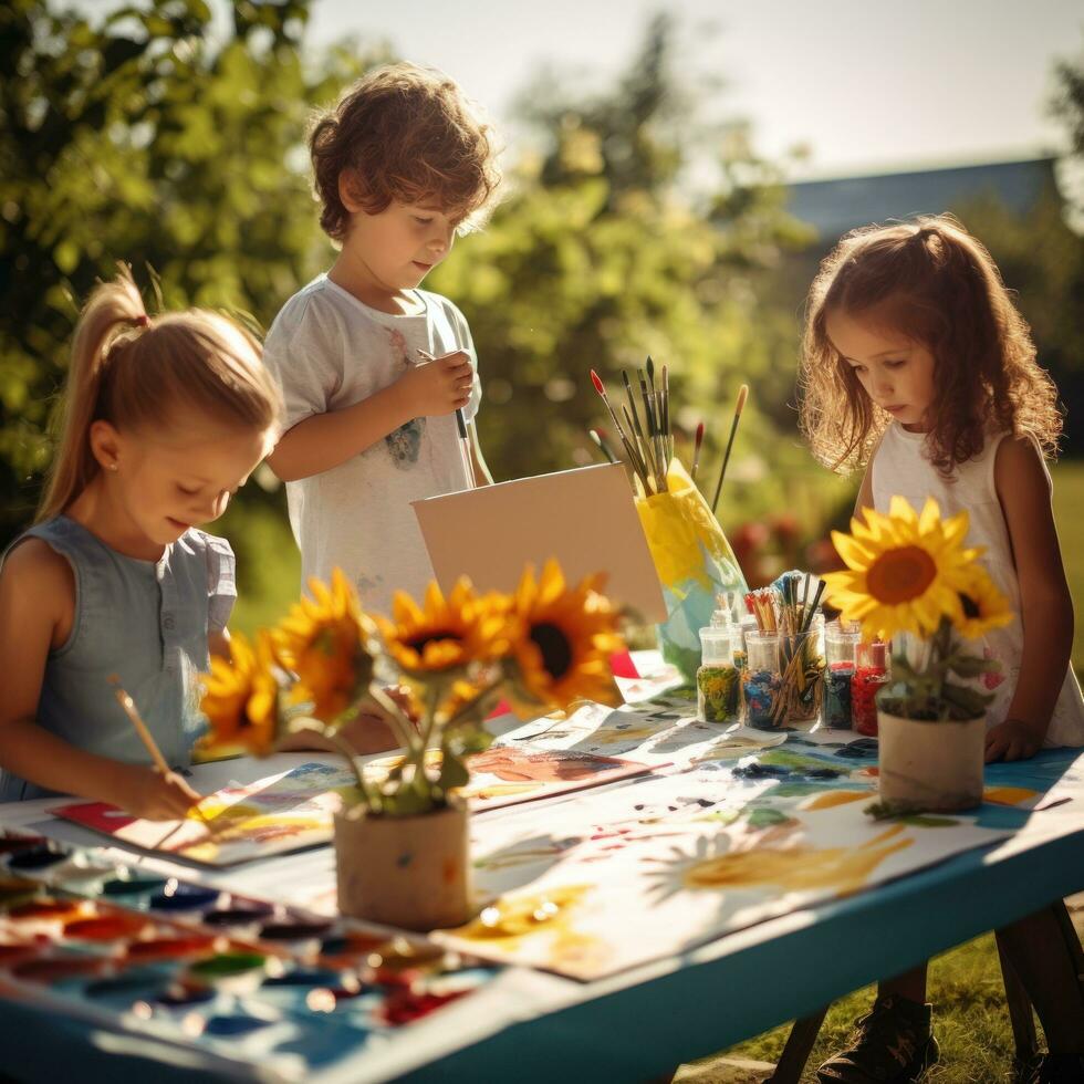 Group of children painting outdoors on a sunny day photo