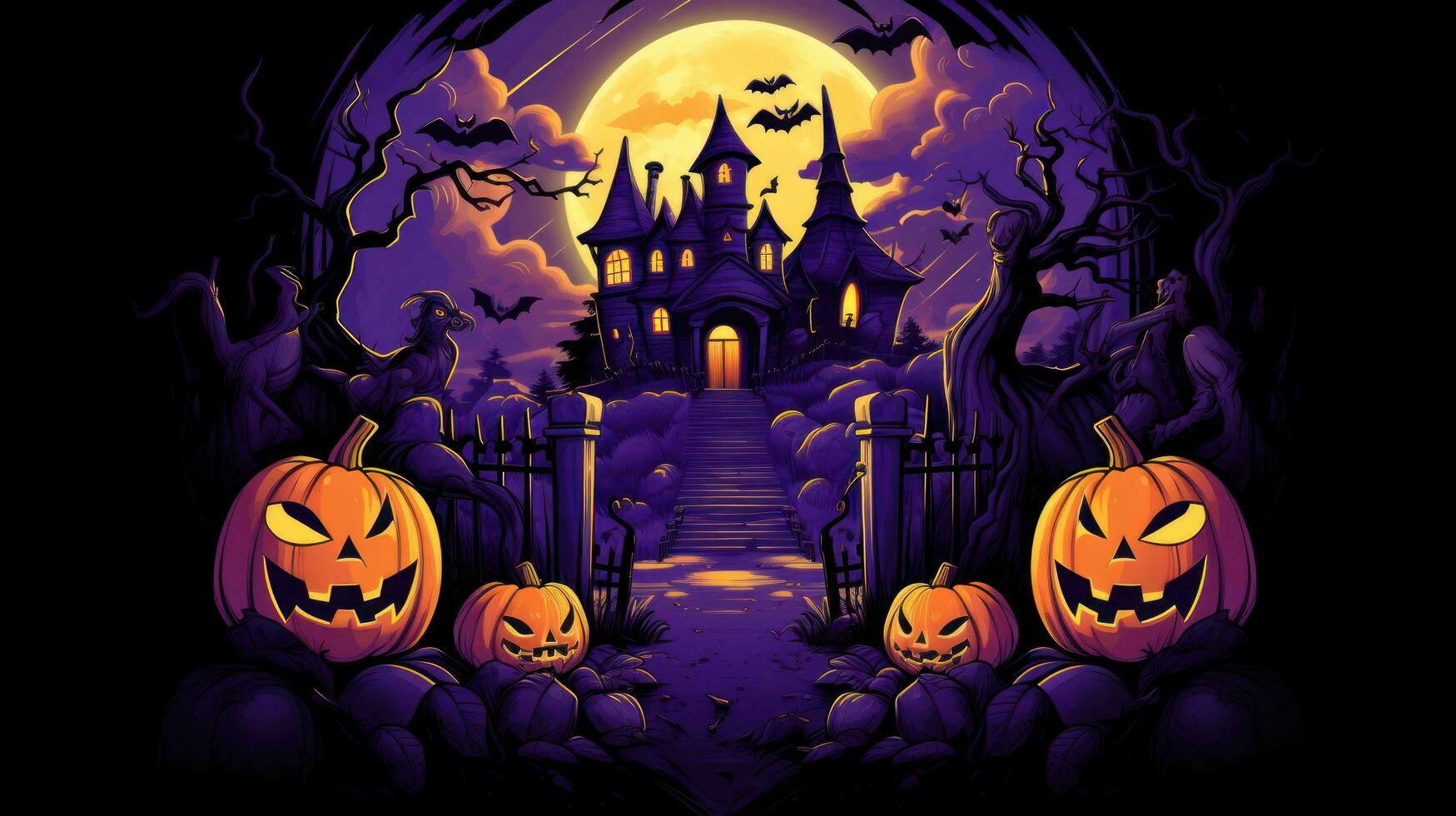 Halloween Haunted House Graphic Tee with Pumpkin Heads and Violet Background photo