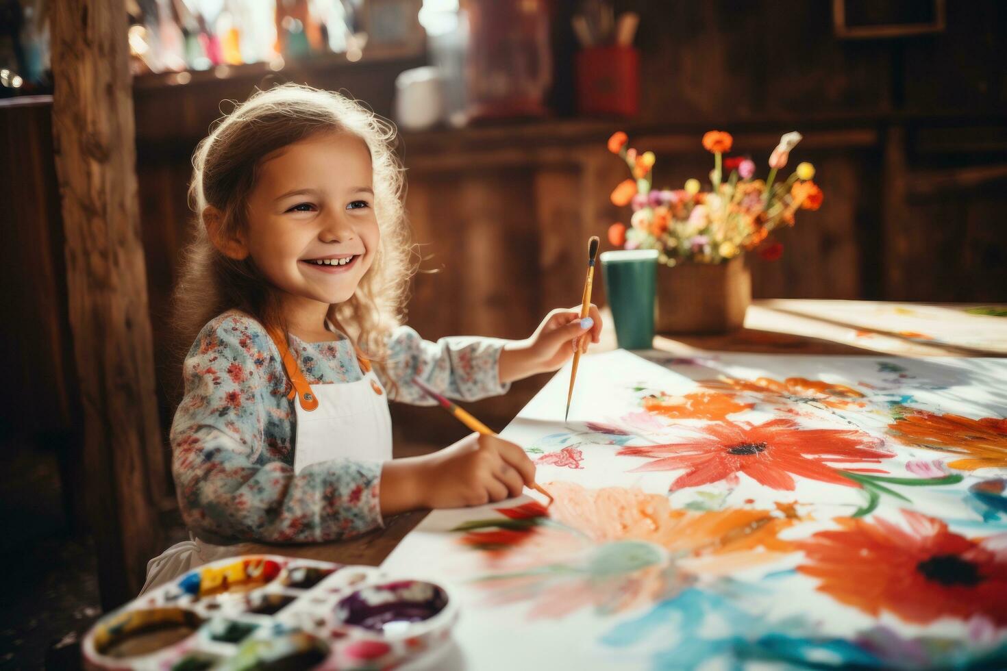 Little girl painting a flower with acrylics photo