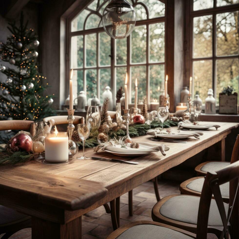 Rustic wooden table setting with festive accents photo