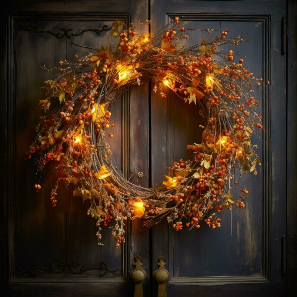 Autumnal wreath with warm lighting - welcoming and cozy photo