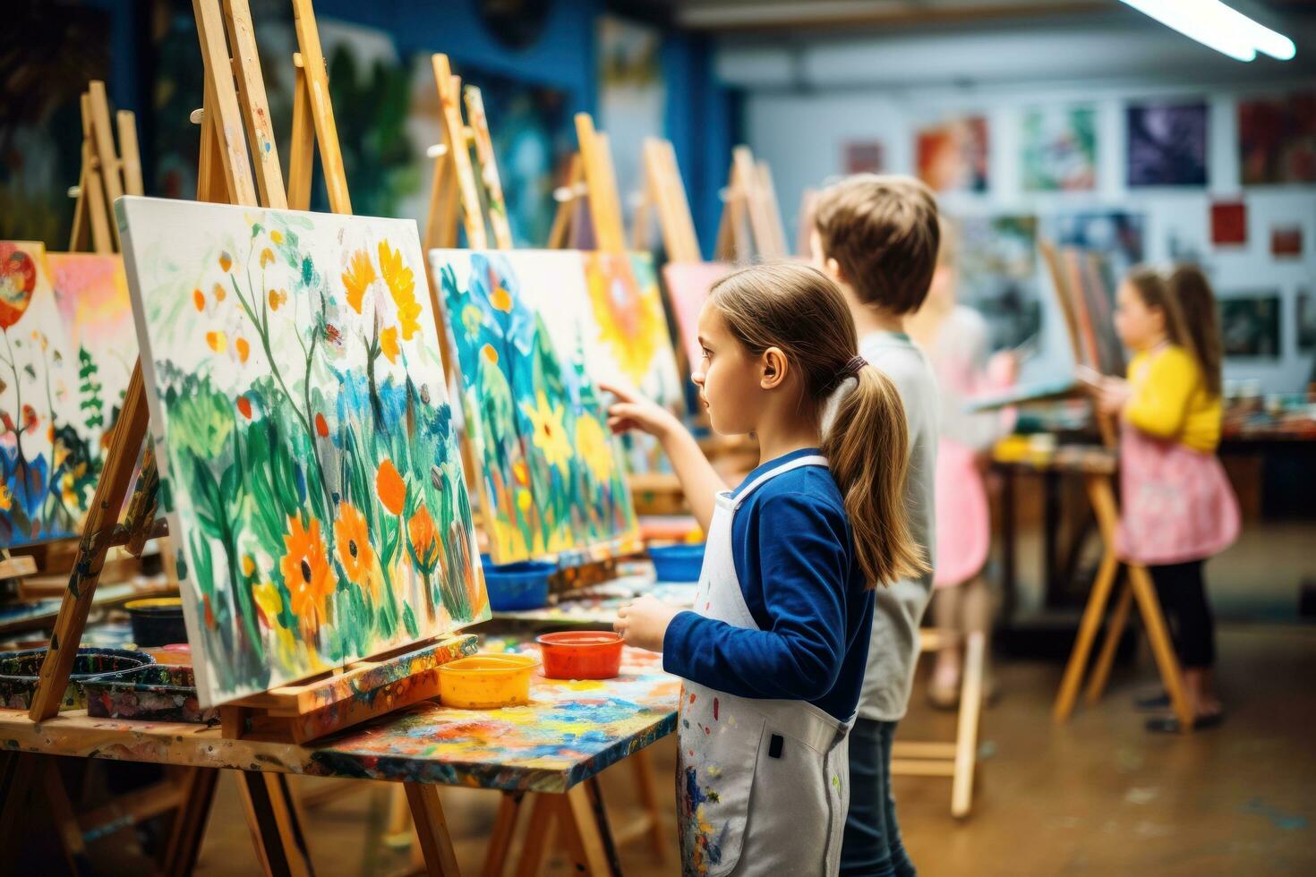 Children painting on easels in art class photo