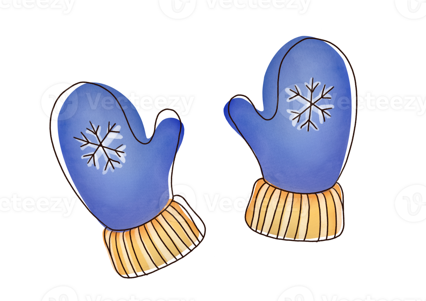 watercolor clipart warm knitted blue mittens with snowflake  with gentle stroke on transparent background. line art cute pair of winter accessories. cut out Christmas, new year holiday clothes png