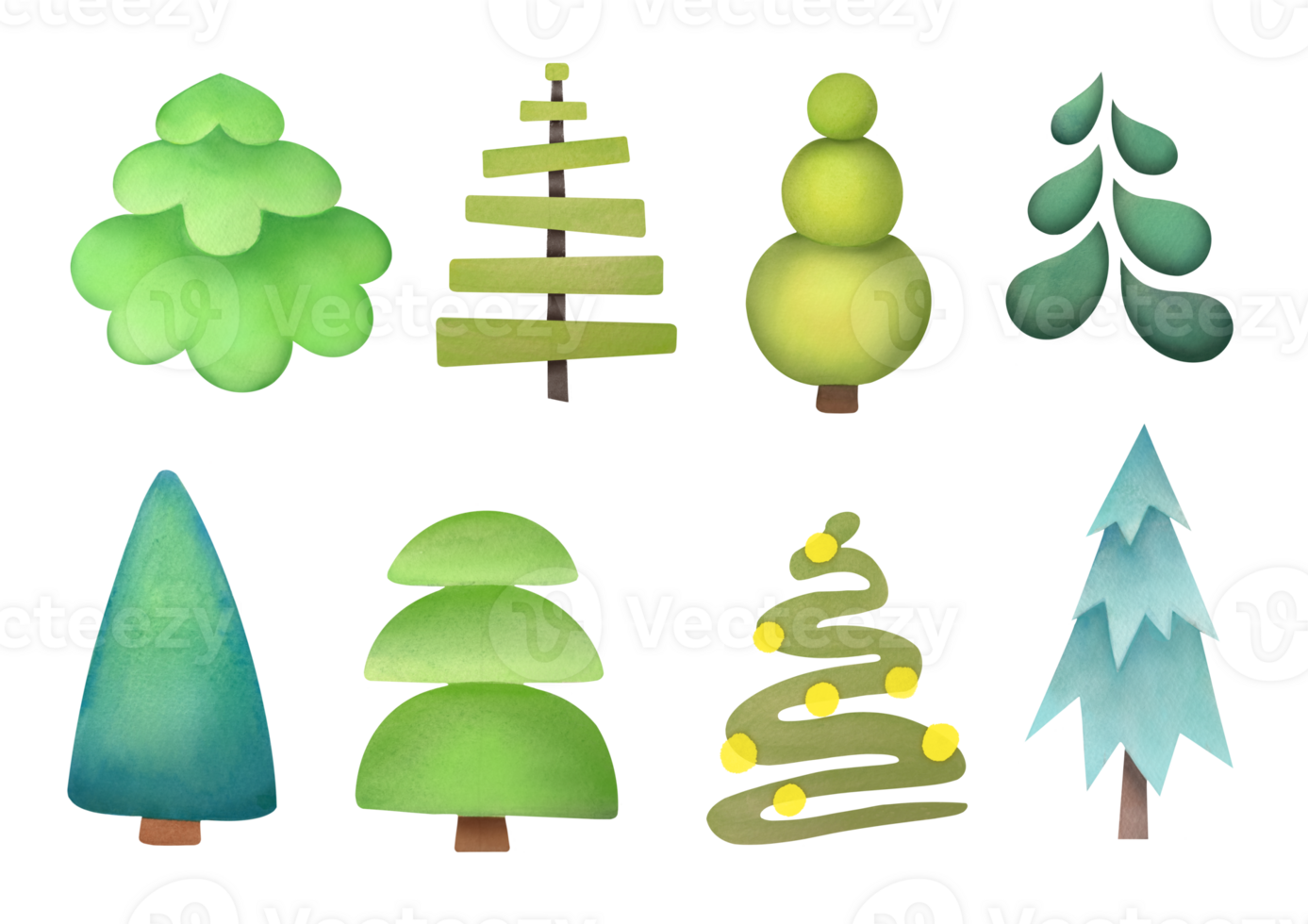 watercolor hand drawn Christmas trees cutout set on transparent background. Coniferous trees green New Year pack. Simple pine-trees clipart collection. Winter holiday evergreen forest tree png