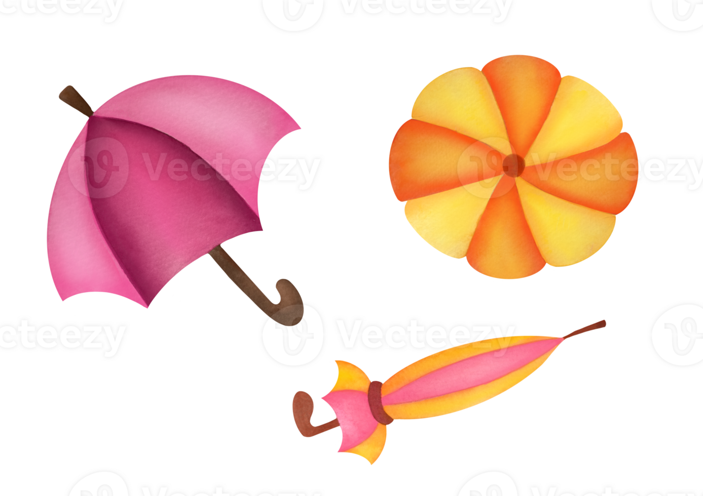 Umbrellas set in various positions. watercolor clipart elements isolated on transparent background. Open and folded umbrellas. elegant protection from rainy weather in autumn and spring png
