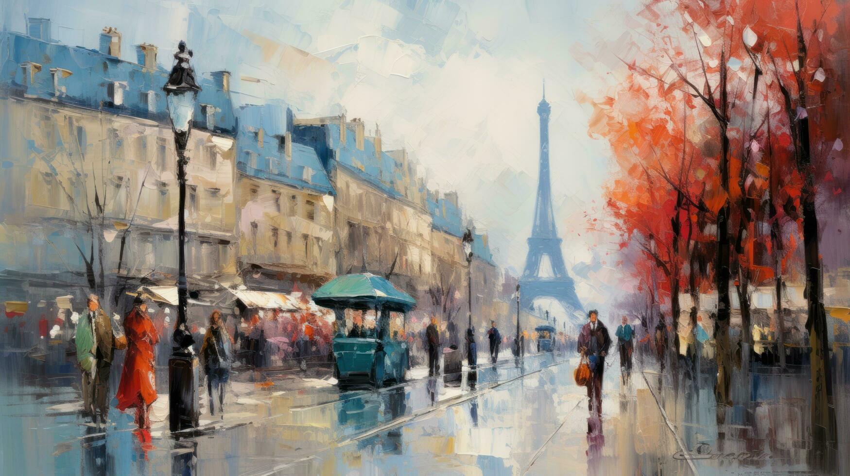 impressionist style oil painting. Bustling cityscape with bold brushstrokes and pops of color photo