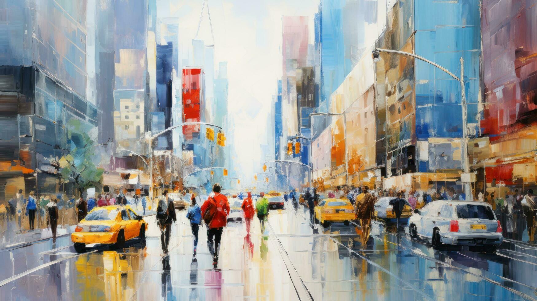 impressionist style oil painting. Bustling cityscape with bold brushstrokes and pops of color. photo