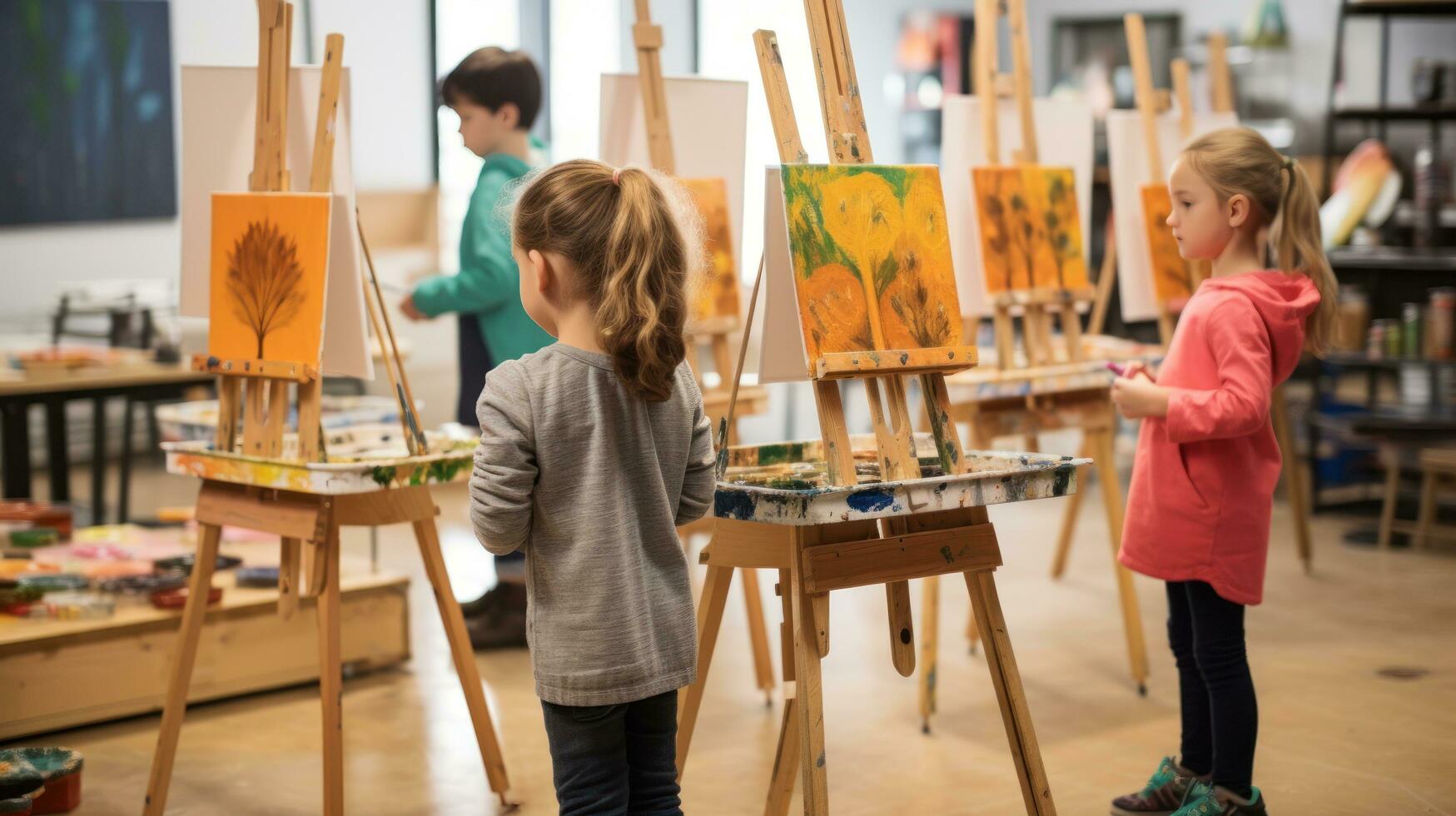 Children painting on easels in art class photo