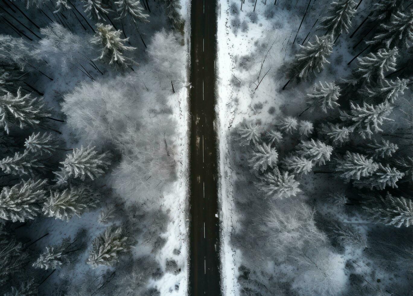 an aerial shot of snowy road in the middle of a forest photo