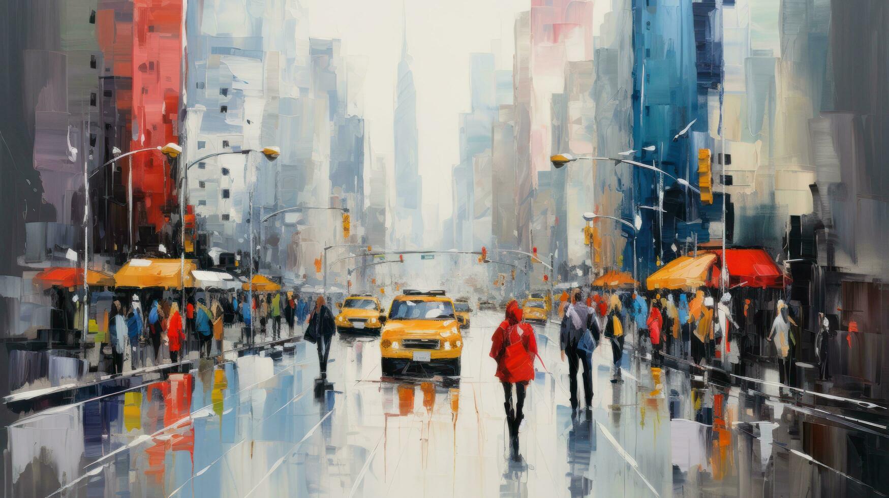 impressionist style oil painting. Bustling cityscape with bold brushstrokes and pops of color. photo