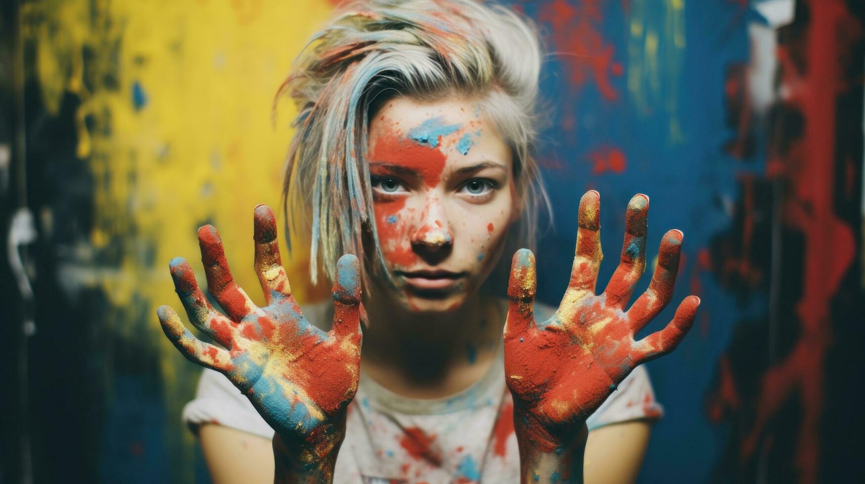 Girl with paint-splattered hands and face photo
