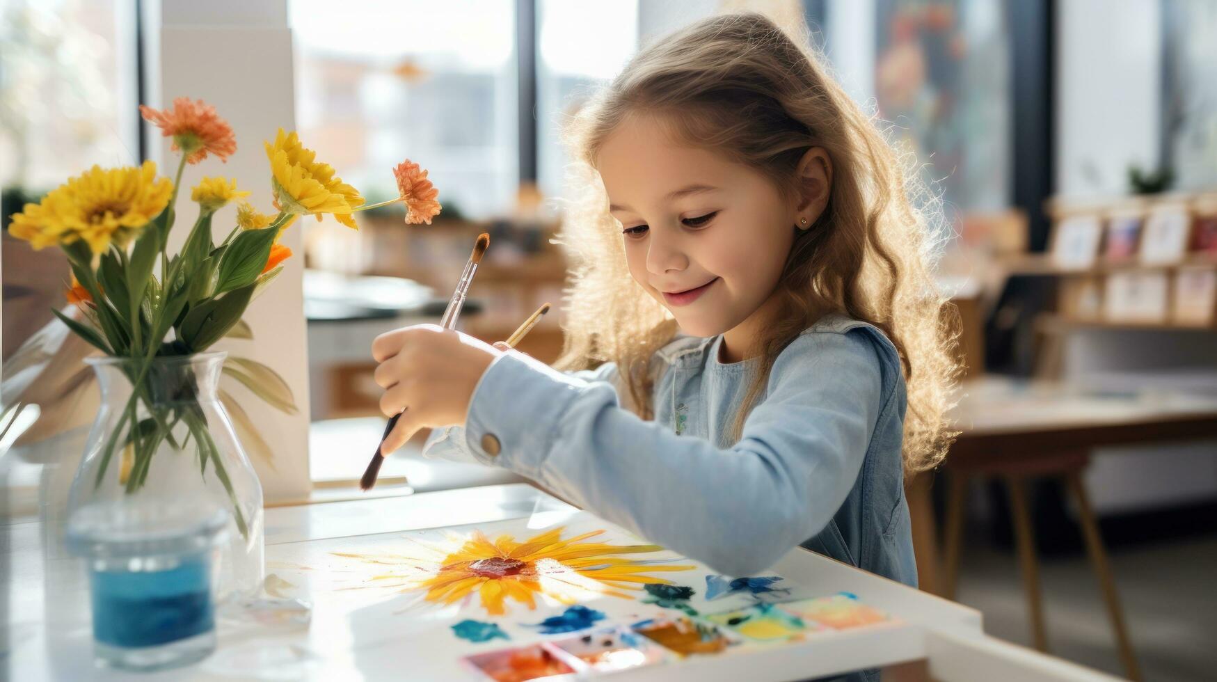 pequeño niña pintura un flor con acrílicos foto