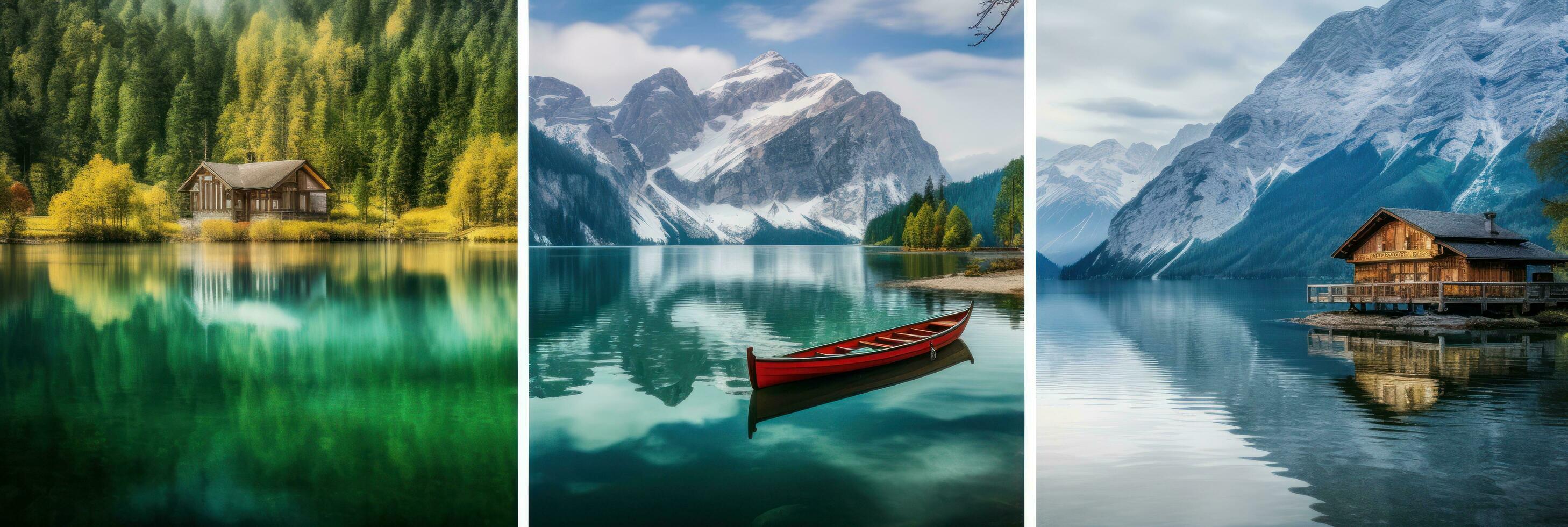 three huts with two boat in water on lake photo