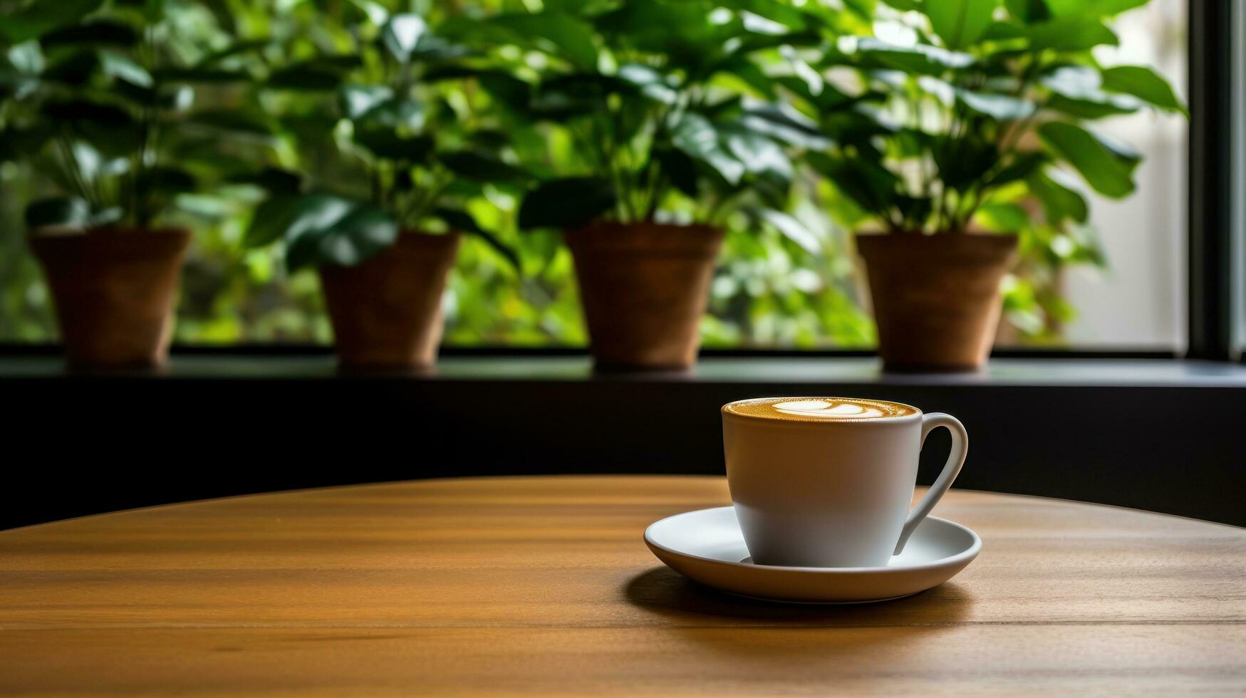 A Coffee Cup and Plant Adorn a Table in a Cozy Coffee Shop Studio Interior. photo