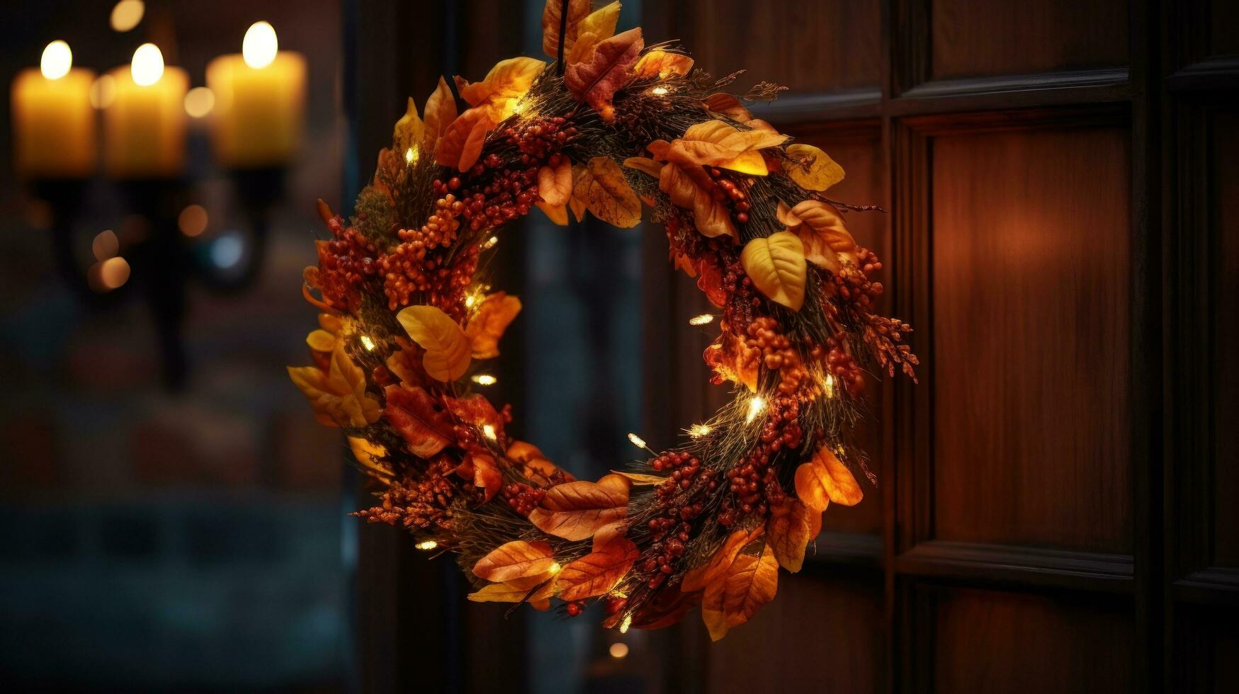 Autumnal wreath with warm lighting - welcoming and cozy photo