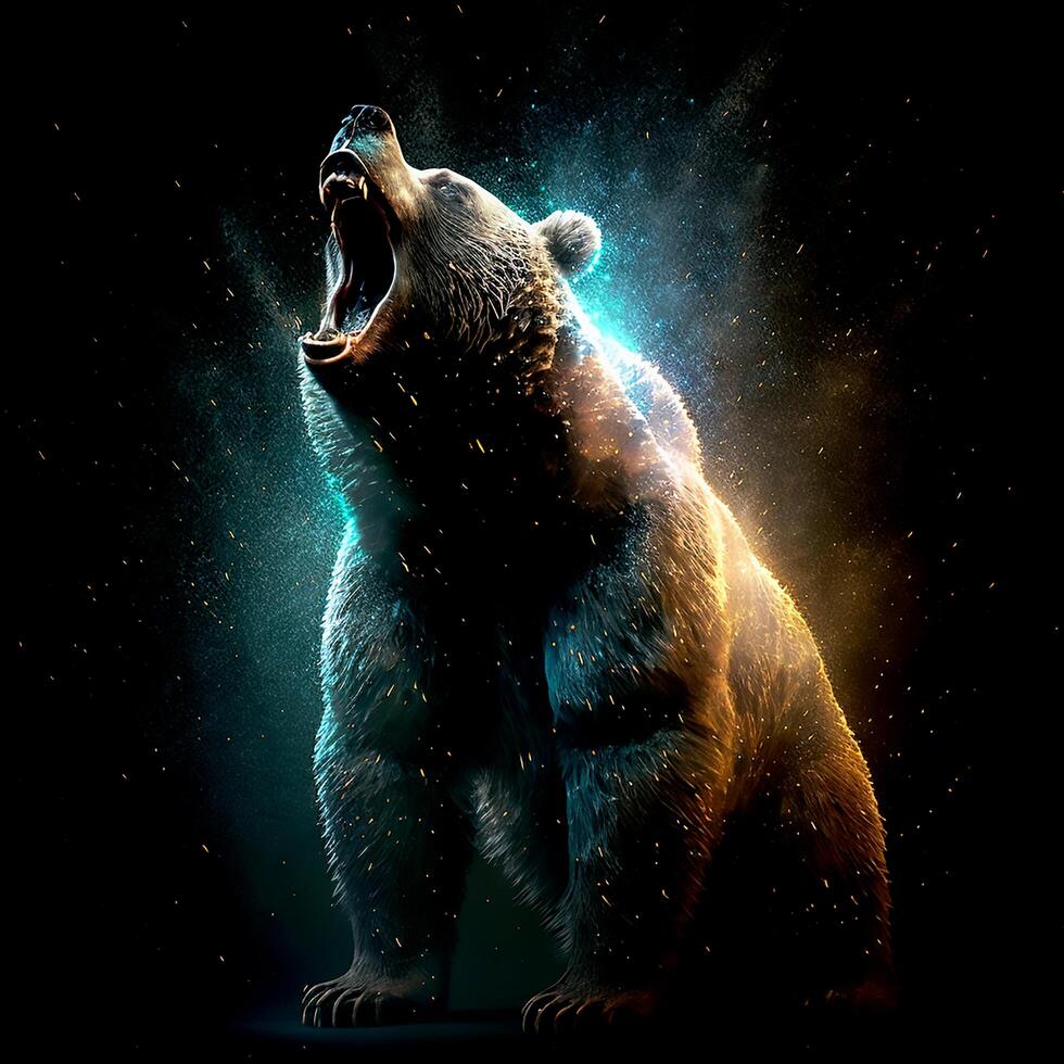 A huge grizzly bear standing in a colorful flickering light and growling furiously photo