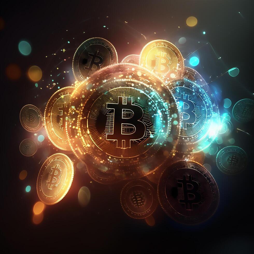 A bitcoin currency in the midst of vibrant colors and coins in dark background photo