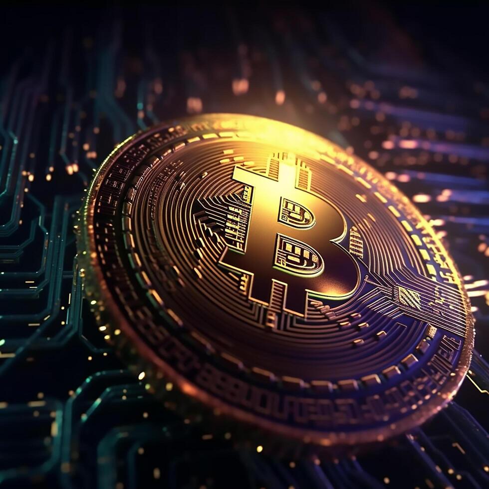 A big Bitcoin in a dark computer circuit background photo