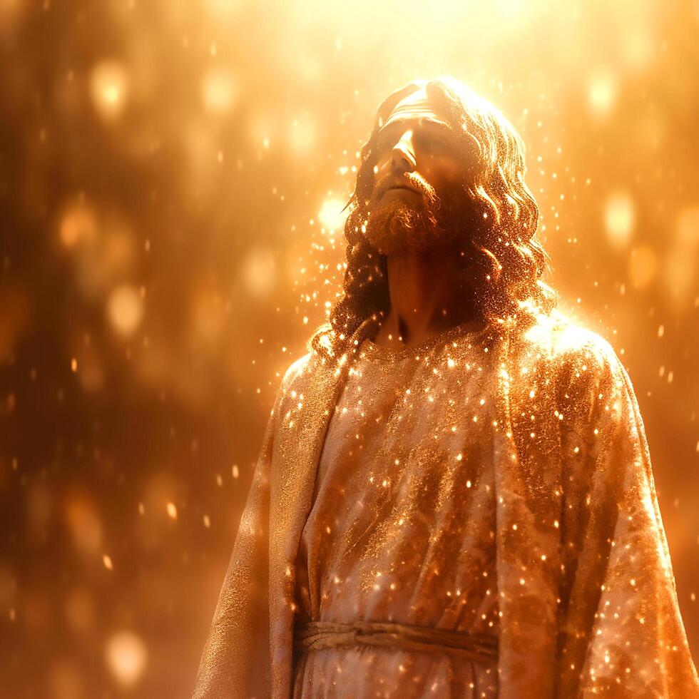 Jesus Christ gazes with benevolent eyes amid the abstract lights of heaven photo