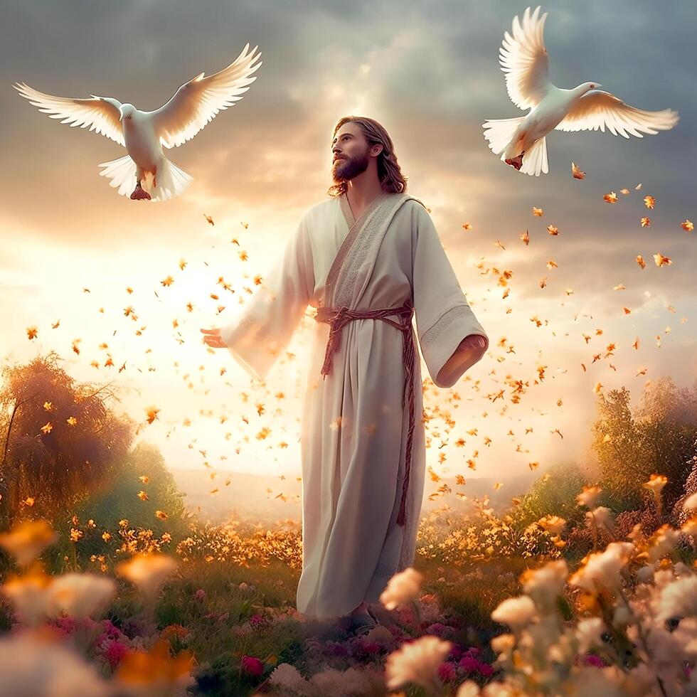 Jesus Christ stands with doves of peace with abstract lights in heaven photo