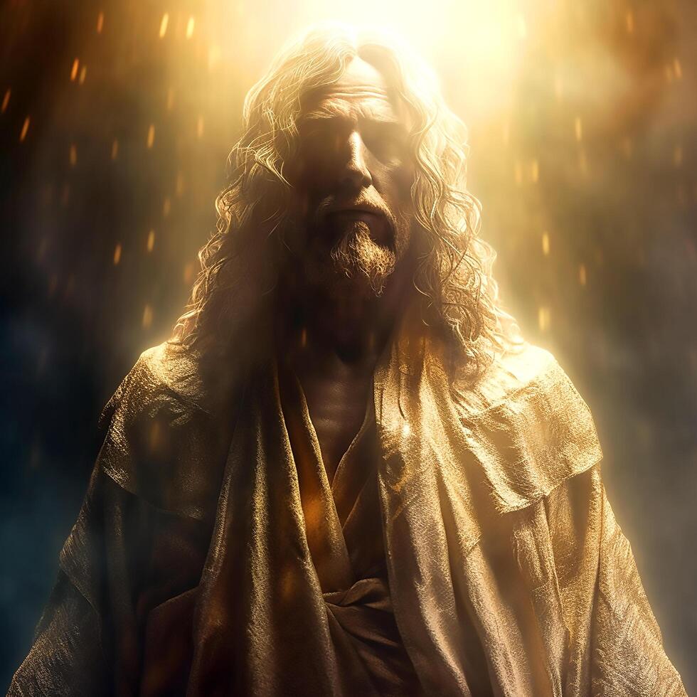 Jesus gazes with benevolent eyes amid the abstract lights of heaven photo