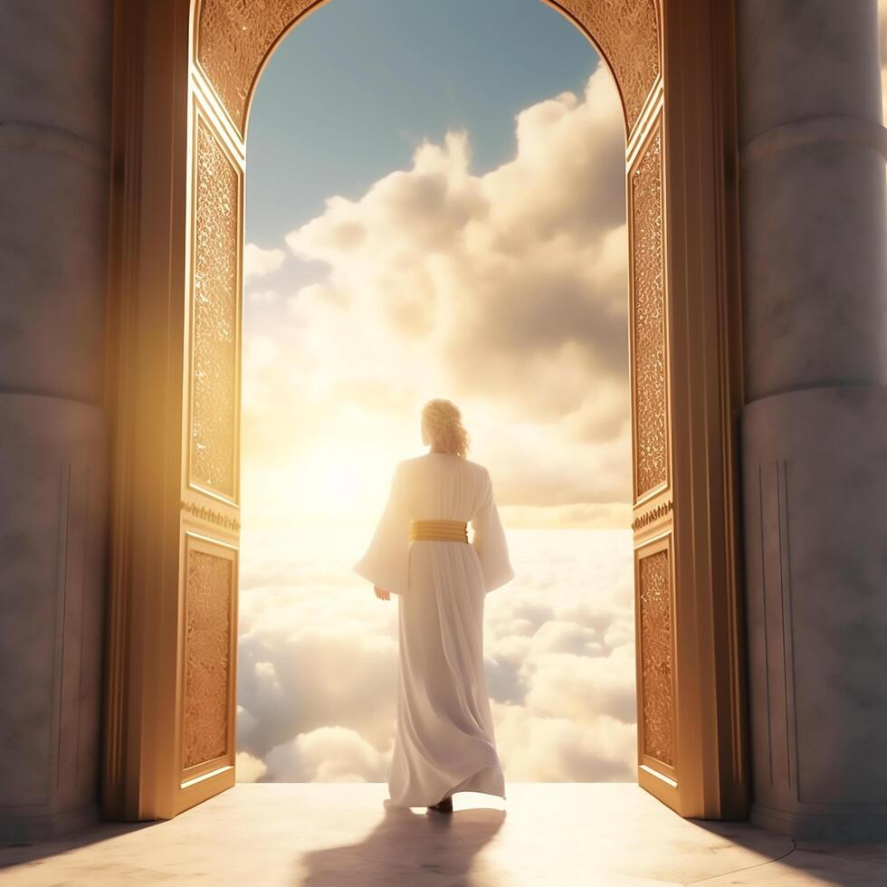 Jesus stands at the gates of heaven, watching the world amid abstract lights photo