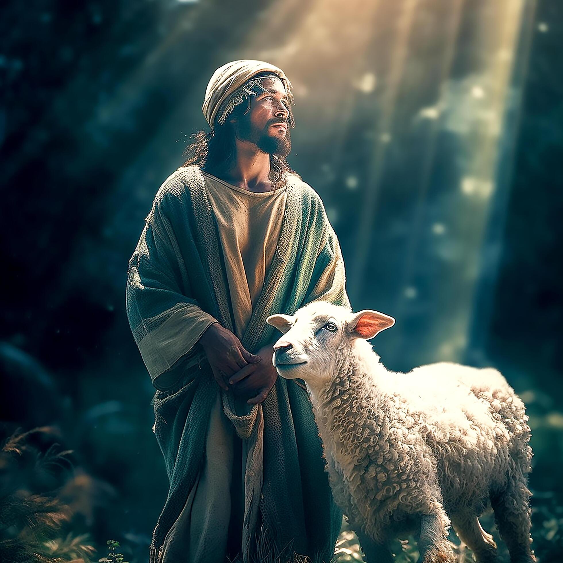 The Good Shepherd Jesus with a innocent sheep watches from the center of a beautiful light with