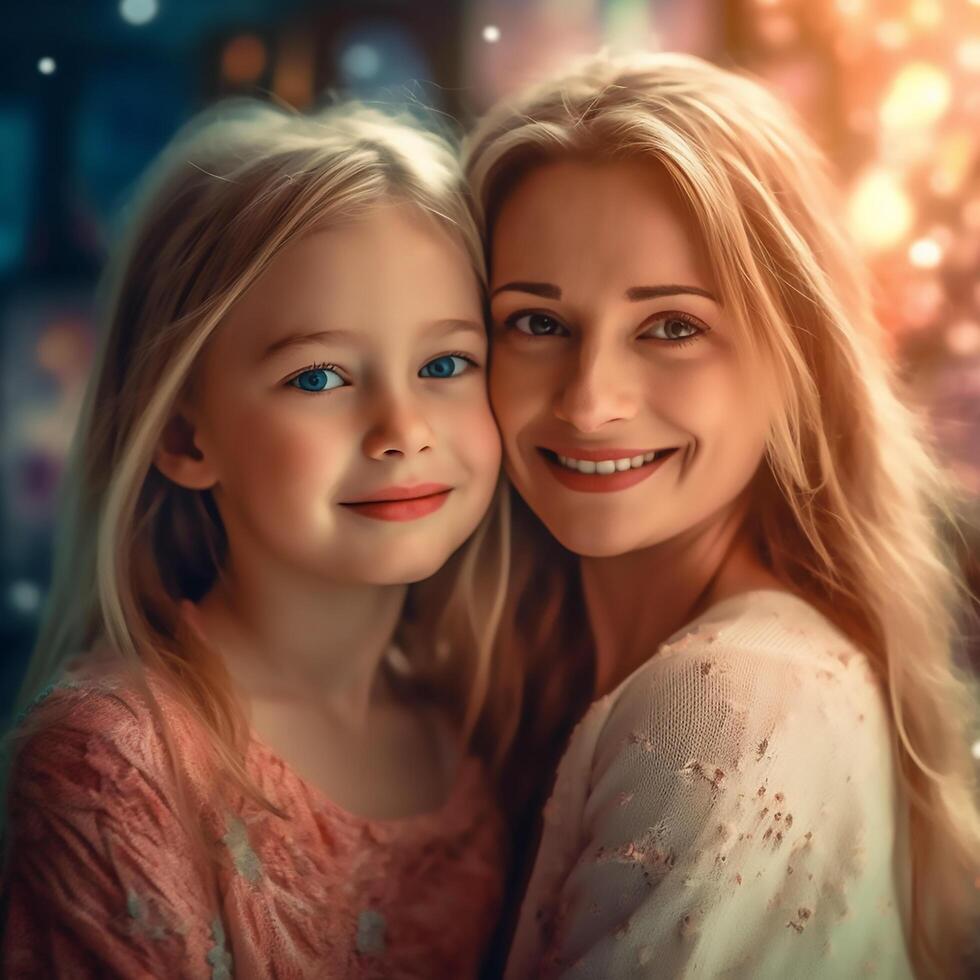 A very beautiful young mother and daughter with a beautiful smile photo