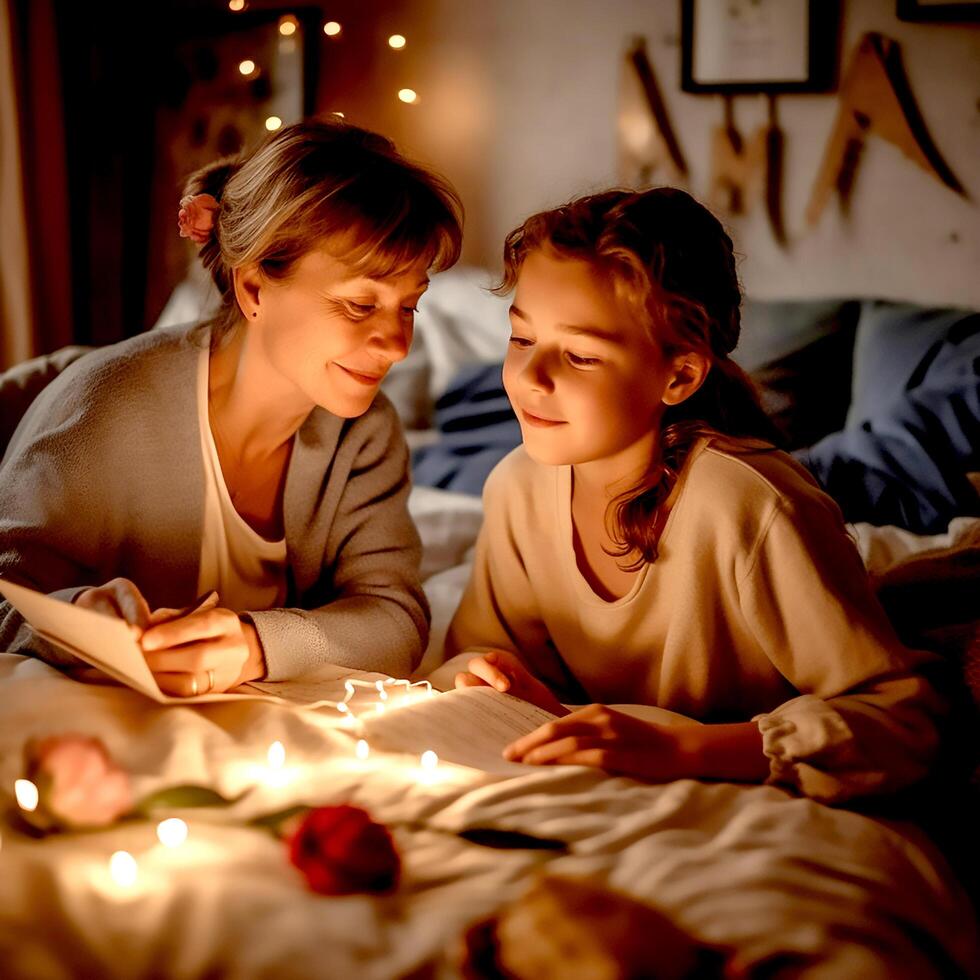 Cute little girl reading handmade greeting card with her mother photo