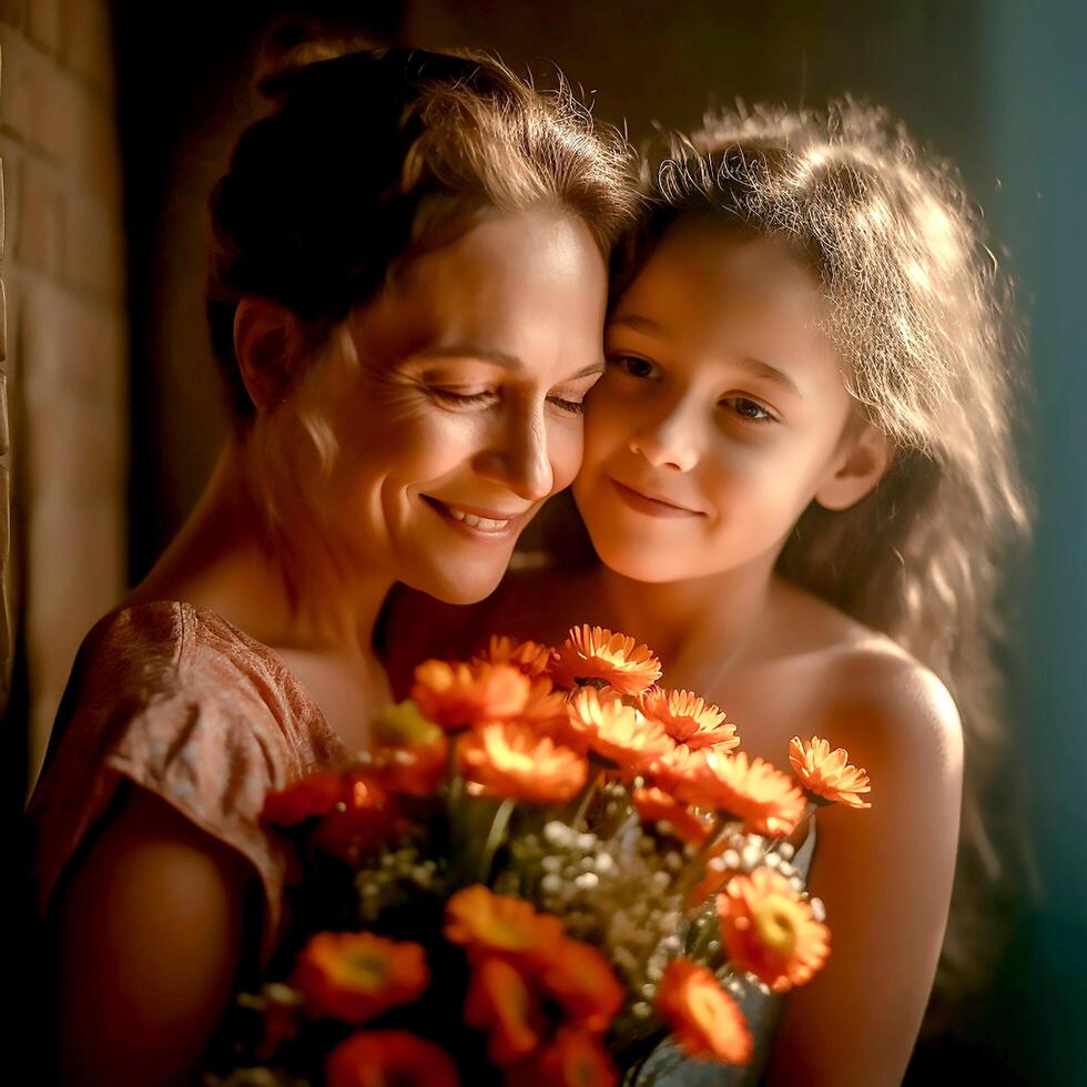 lovely mother and beautiful daughter near a bunch of Flowers photo