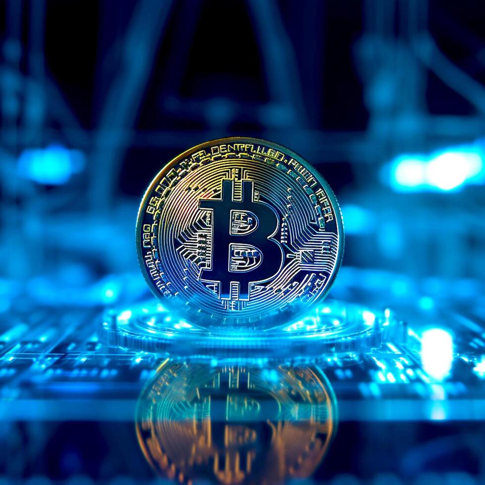 AN abstract golden Bitcoin on a glowing blue circuit board on a dark theme photo