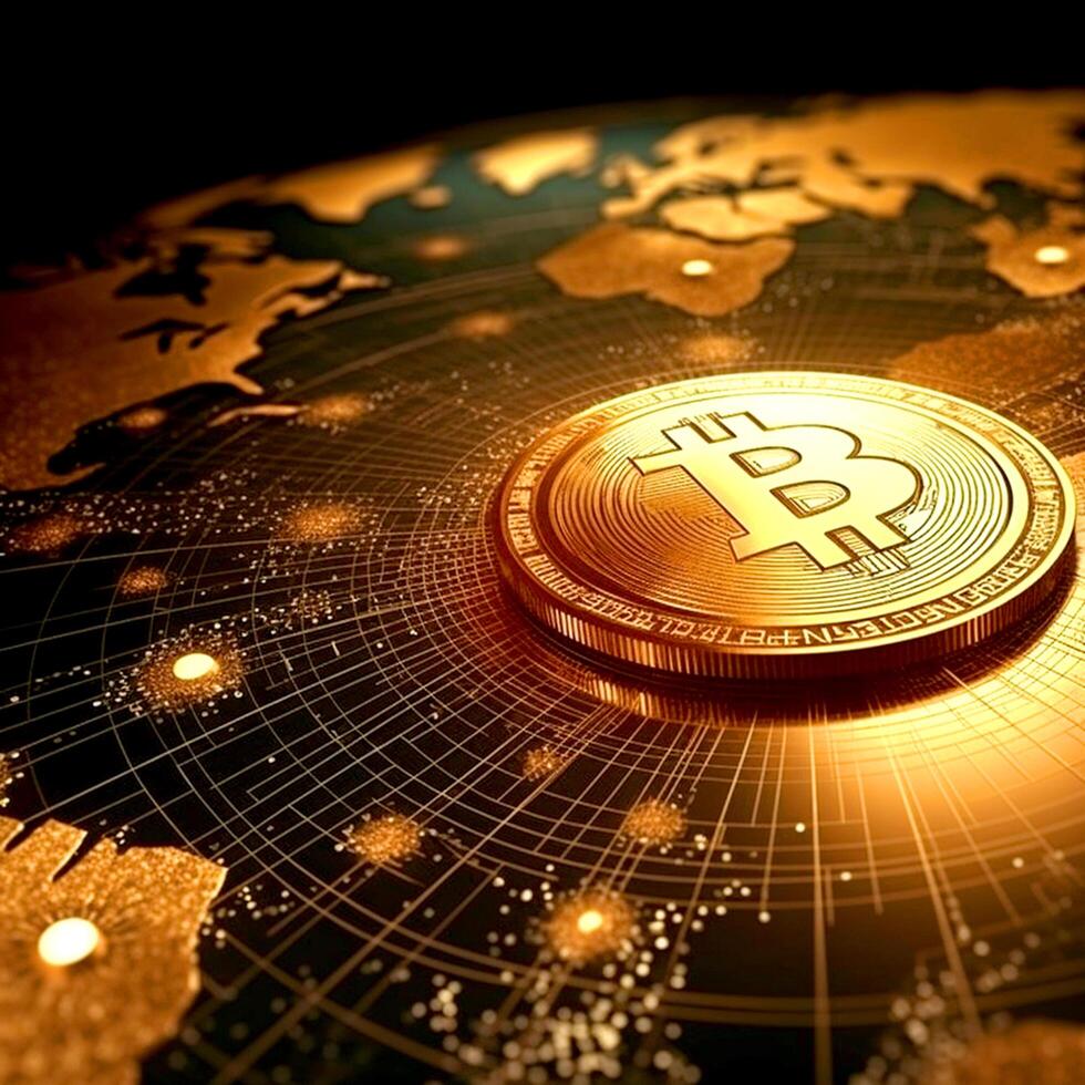 Golden bitcoin digital currency on the abstract world map photo