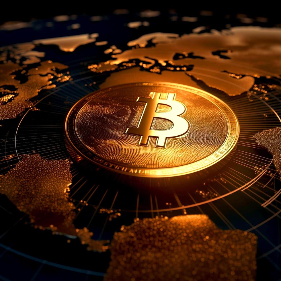 Glowing Golden bitcoin on the golden circuit board line art photo