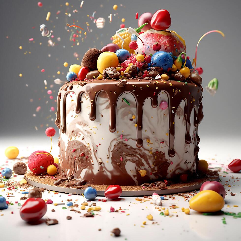Colorful birthday cake on a light background photo