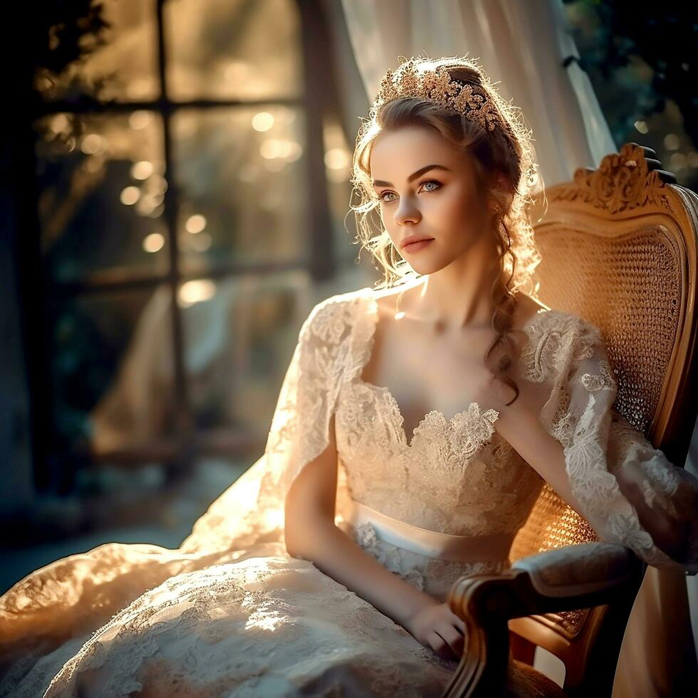 AI Generative Beautiful bride sitting on wooden chair photo