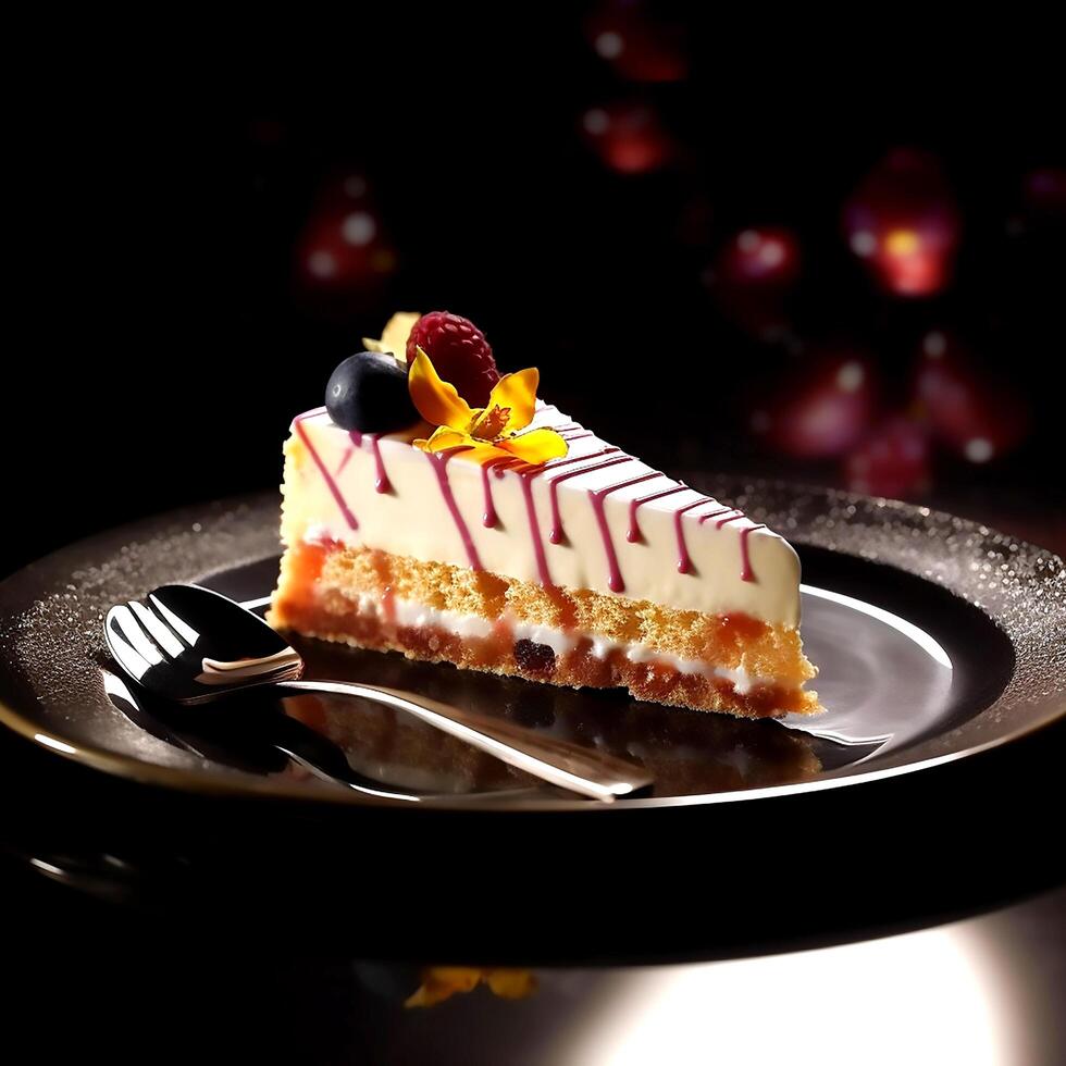 Sweet sponge cake with spoon on a plate on photo