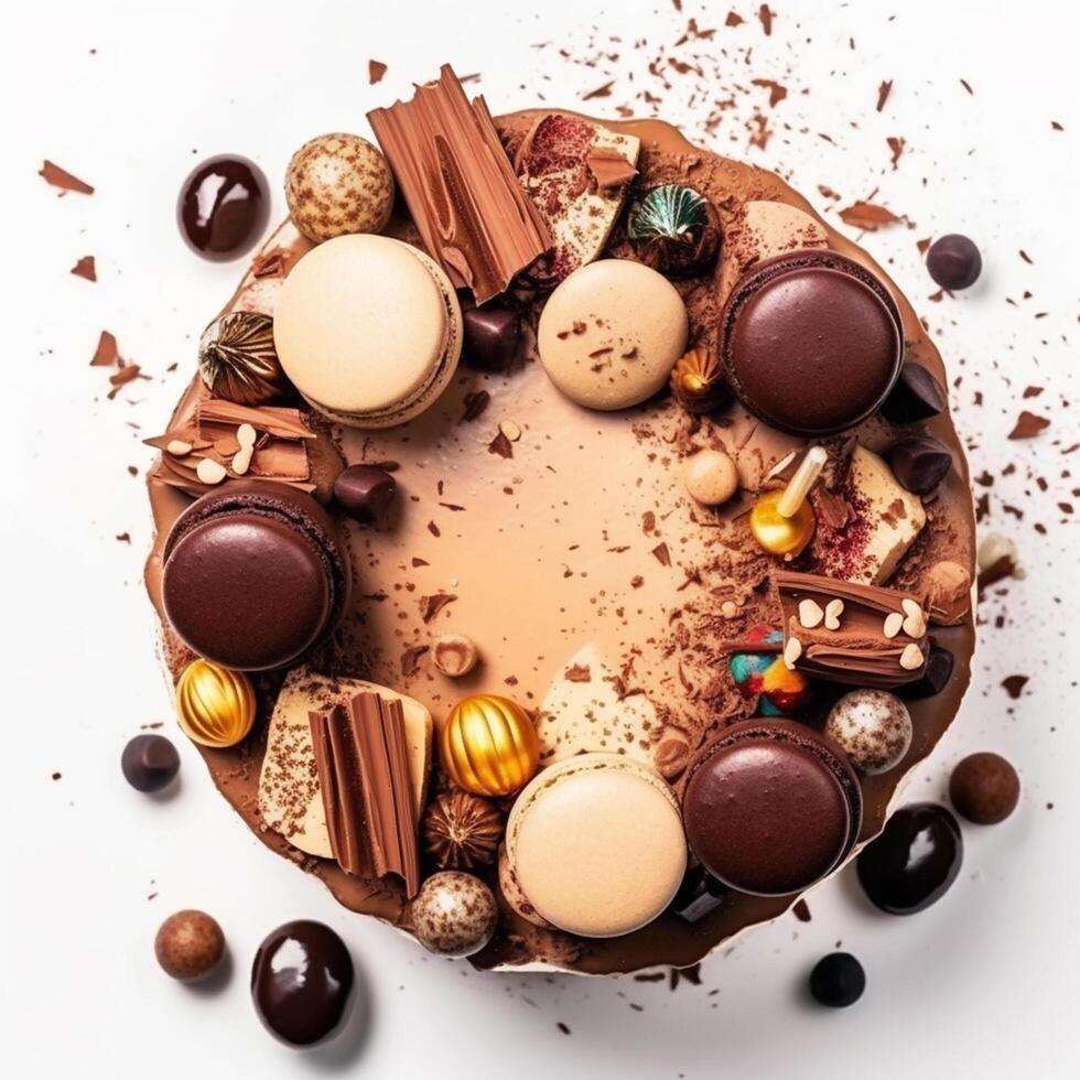 Delicious cake with cookies and chocolate on white background top view photo