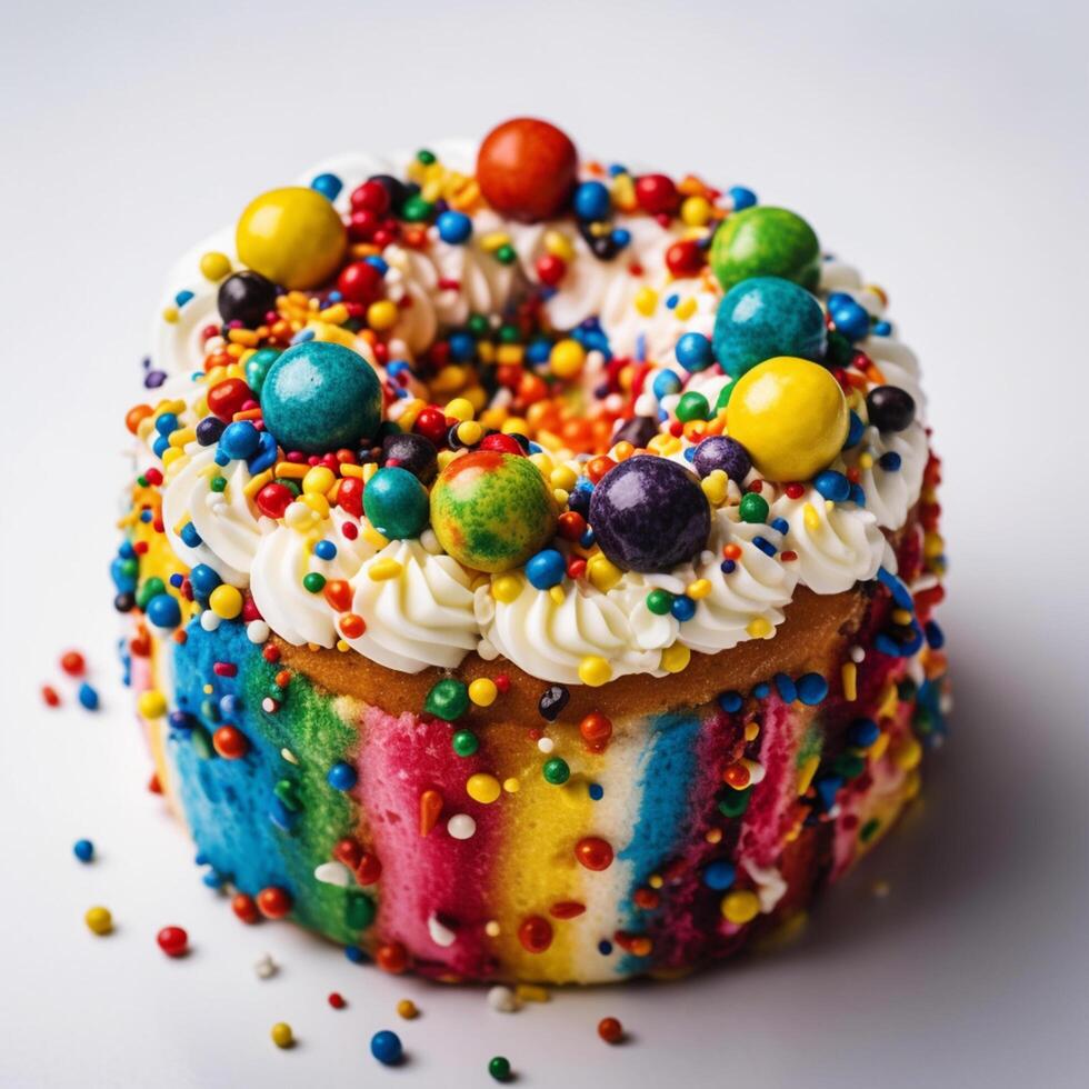 Delicious colorful cake decorated with cookies and a candle on a white background photo