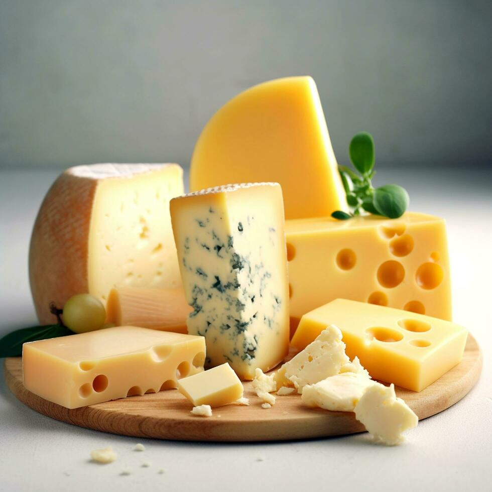 AI Generative Various types of delicious cheese on a wooden table photo