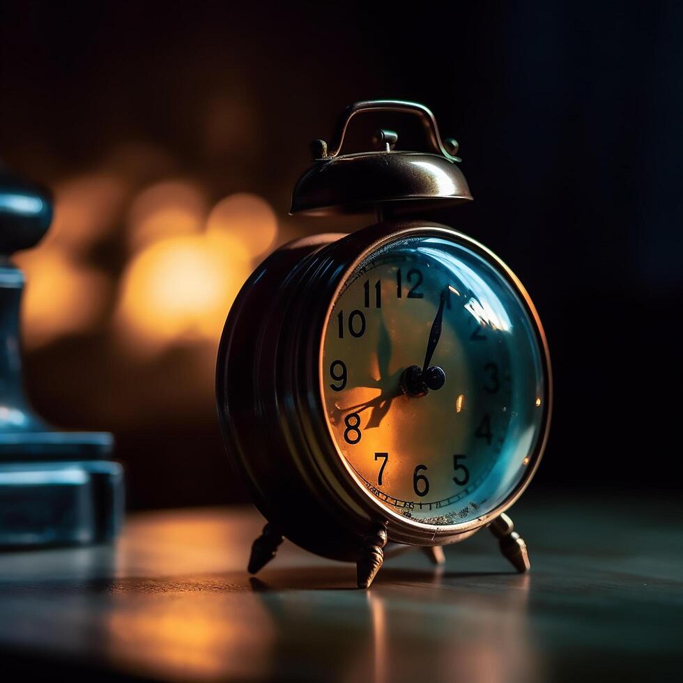 The vintage clock on the table in the morning photo