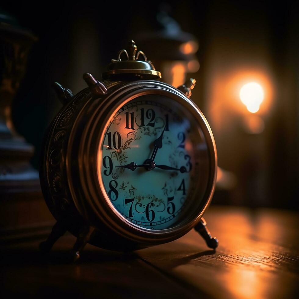 AI Generative Vintage black alarm clock on table on dark background photo