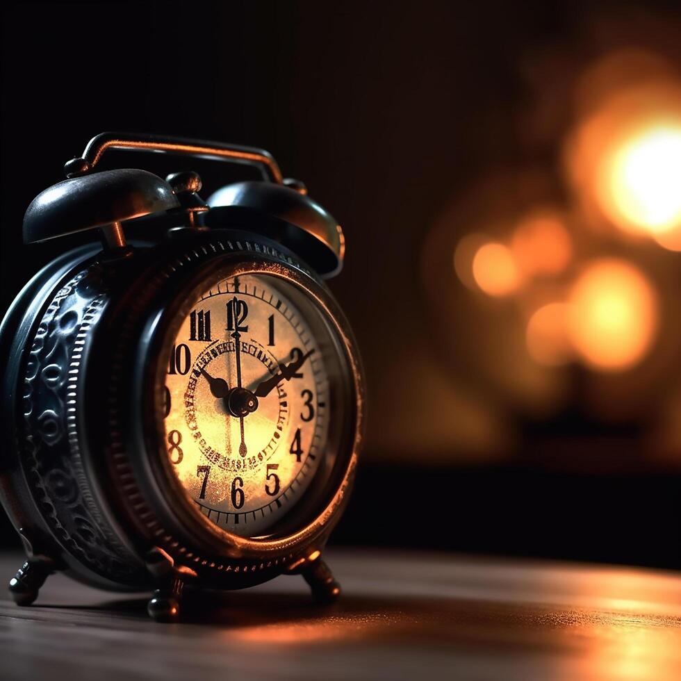 Vintage black alarm clock on table on dark photo