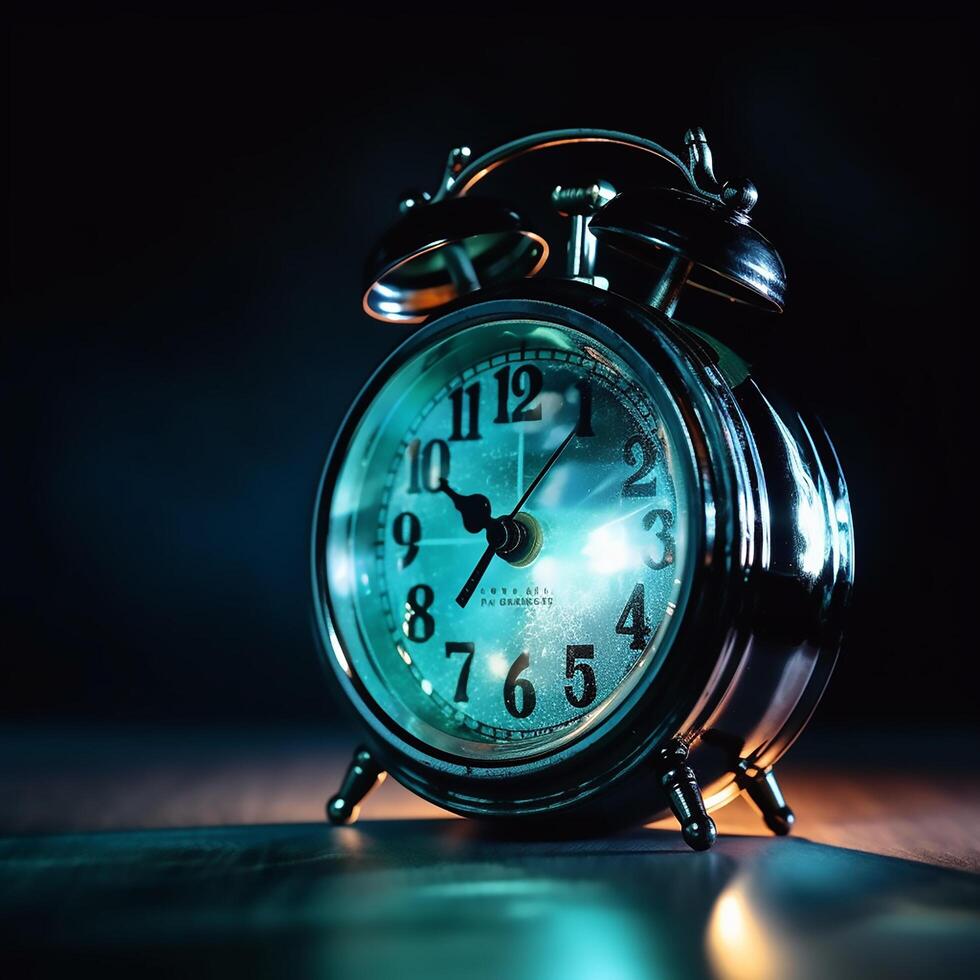 Vintage round dial clock on table in dark theme photo