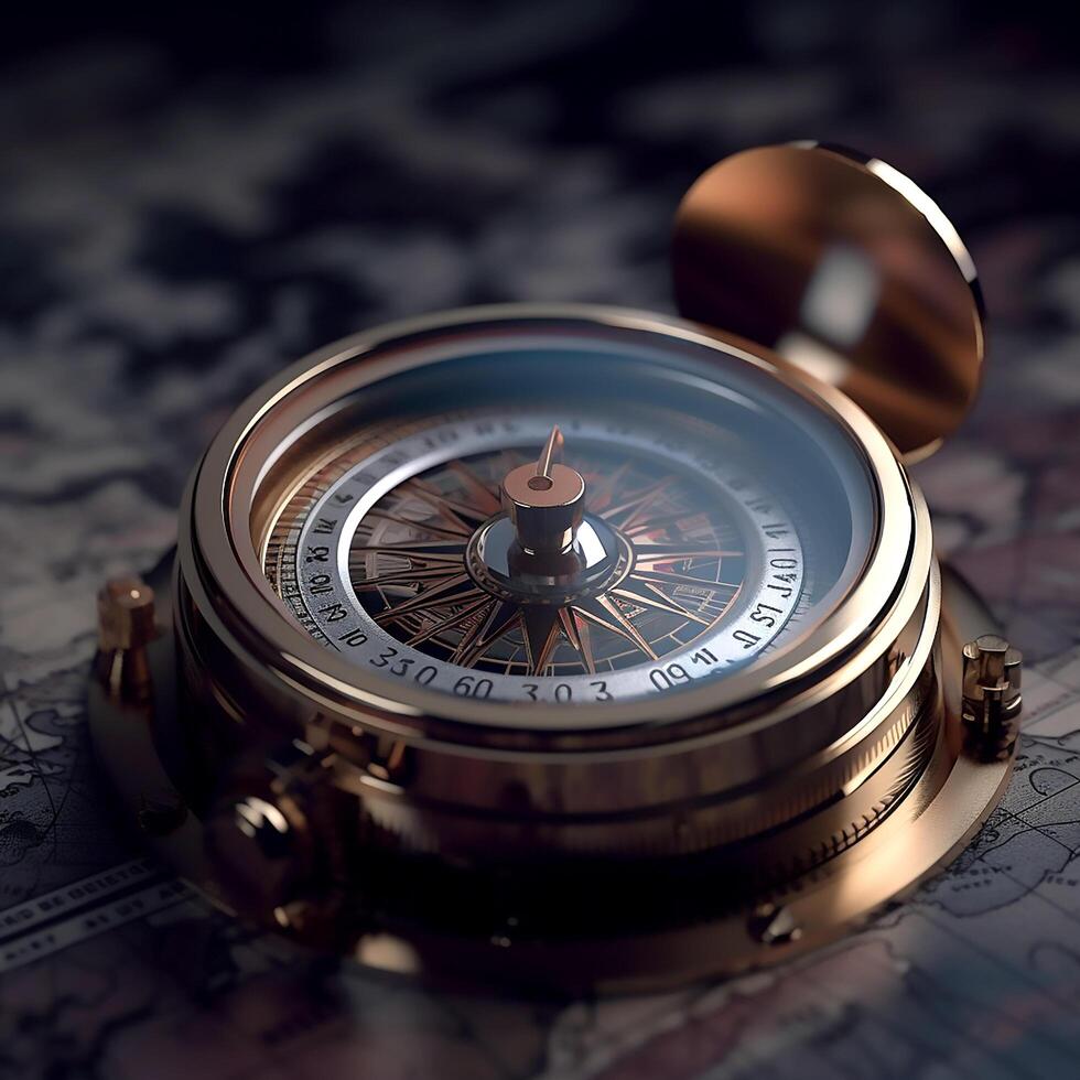 Antique style compass on a world map photo