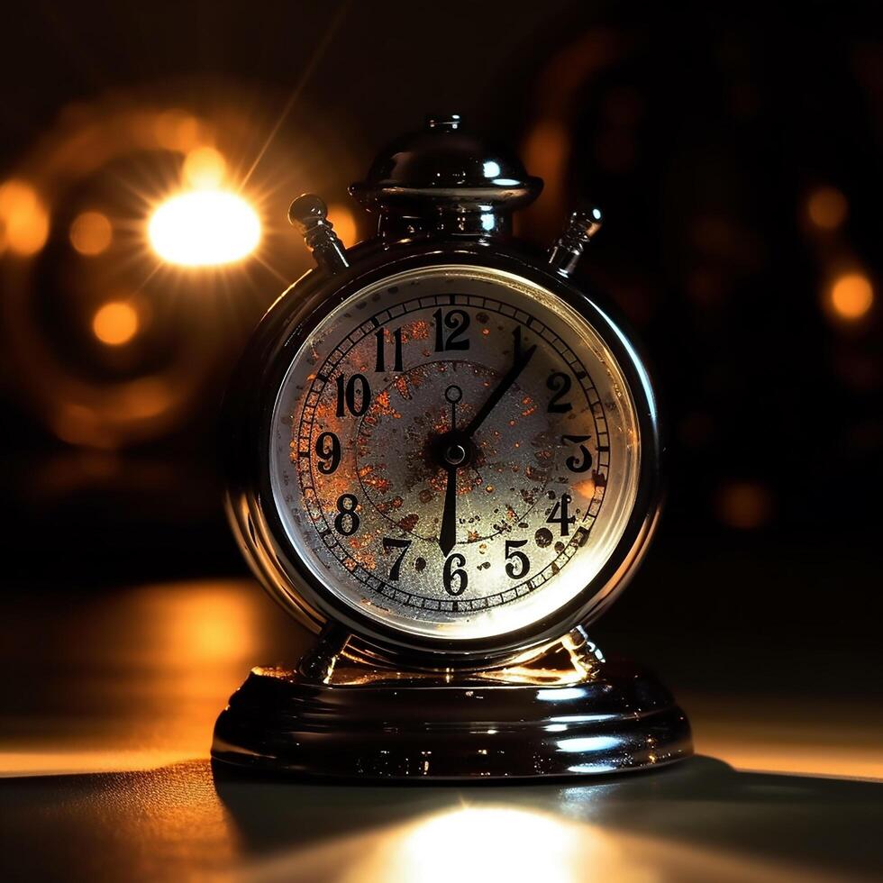 Vintage black alarm clock on the table photo
