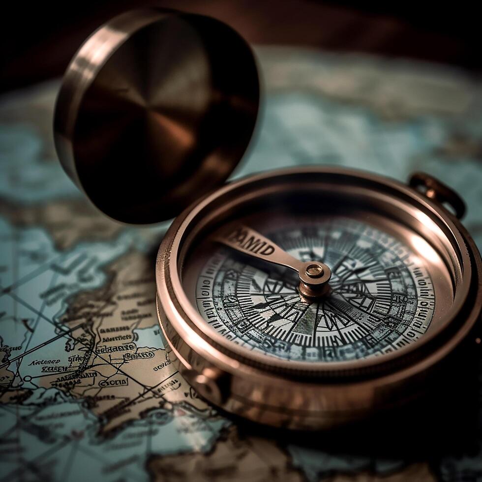 Copper compass on a world map photo