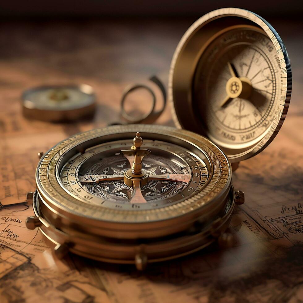 AI Generative vintage compass on old map photo