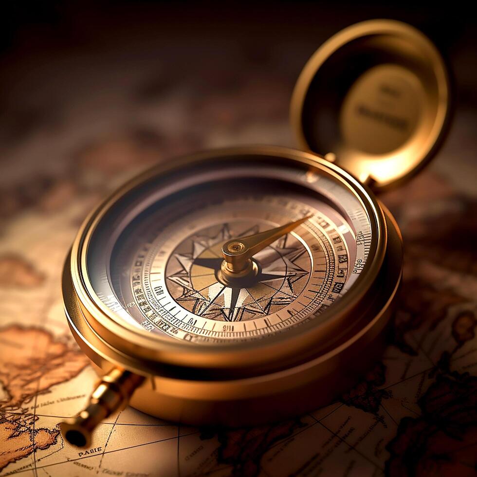 Golden color compass on a world map photo