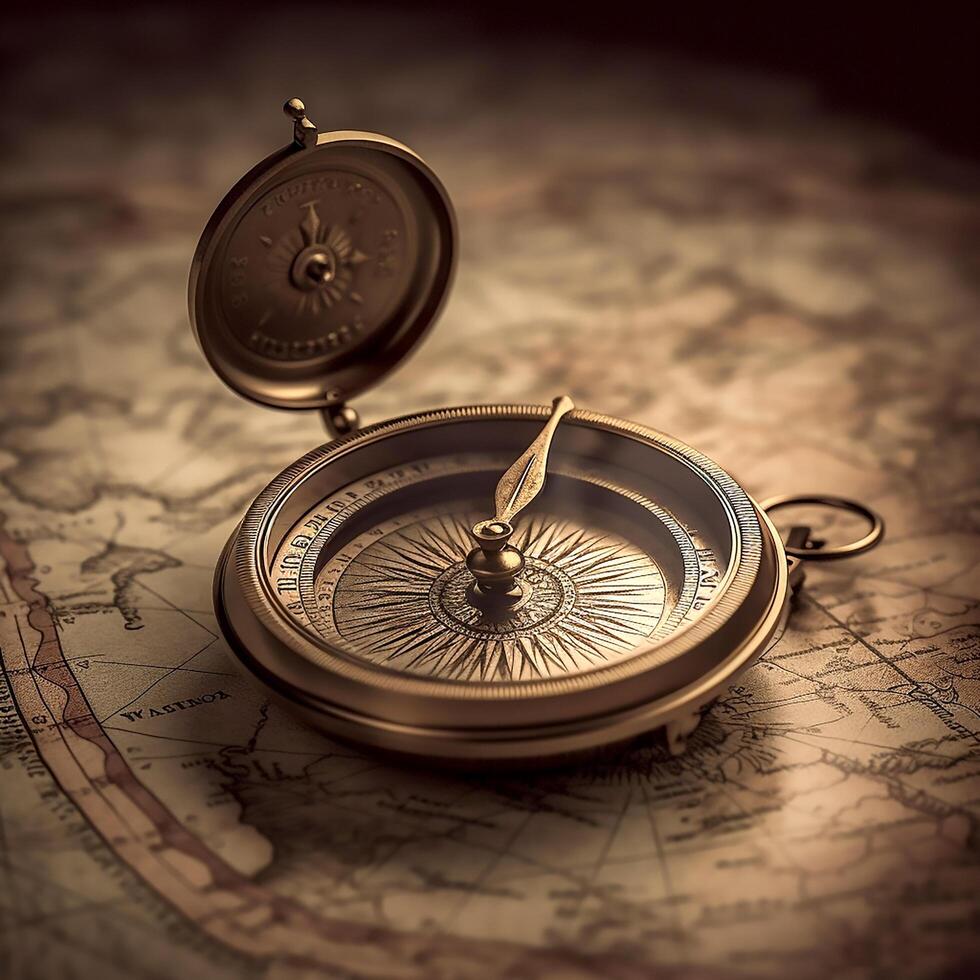 Old vintage retro compass on ancient map photo