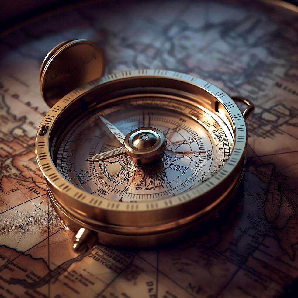 Vintage Bronze retro compass on old map in dark photo